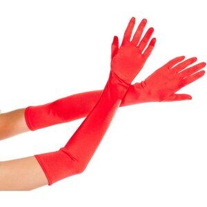 Women's Red Full Finger Mittens Elbow Spandex Satin Long Sleek Evening Gloves